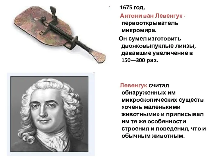 1675 год, Антони ван Левенгук - первооткрыватель микромира. Он сумел