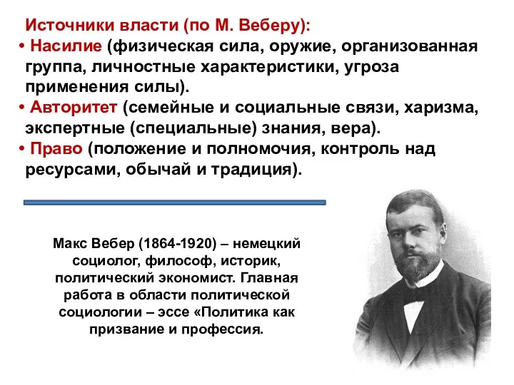 Источники власти (по М. Веберу): Насилие (физическая сила, оружие, организованная