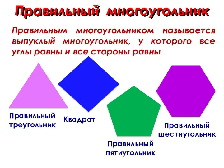 Правильный многоугольник Правильный треугольник Квадрат Правильный пятиугольник Правильный шестиугольник Правильным