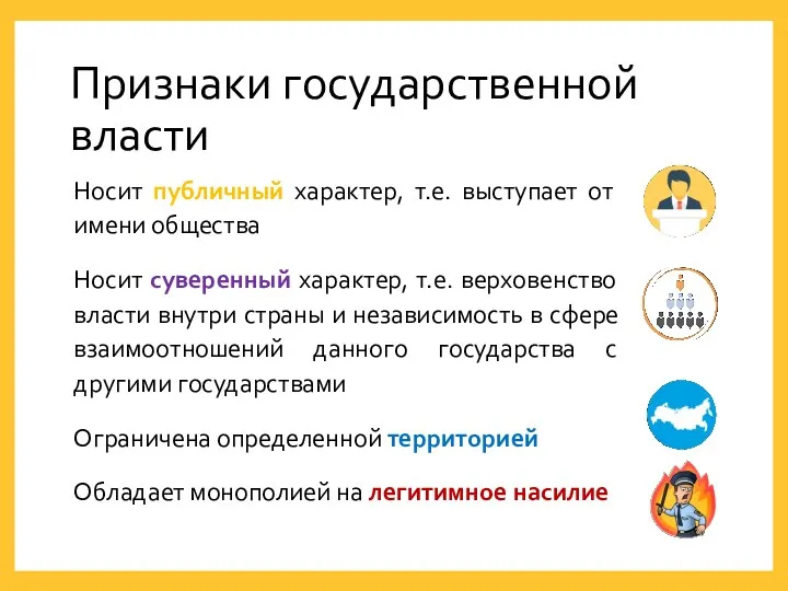 Признаки государственной власти Носит публичный характер, т.е. выступает от имени