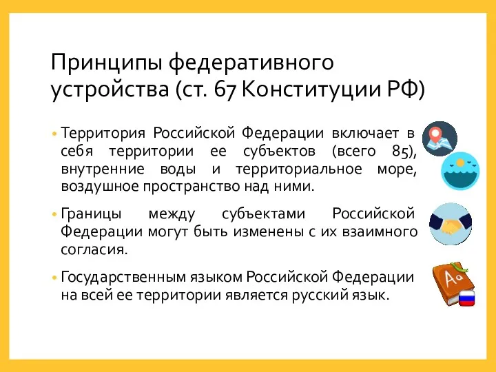 Принципы федеративного устройства (ст. 67 Конституции РФ) Территория Российской Федерации