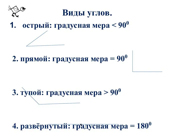 Виды углов. острый: градусная мера 2. прямой: градусная мера =