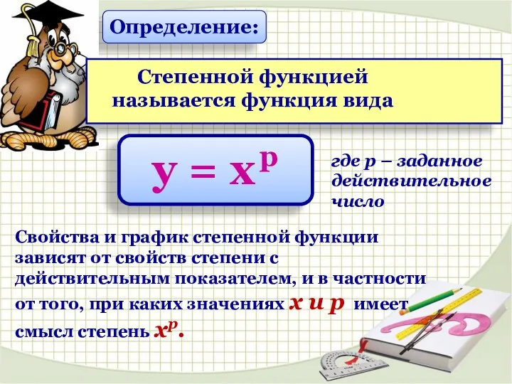 где р – заданное действительное число Определение: Степенной функцией называется