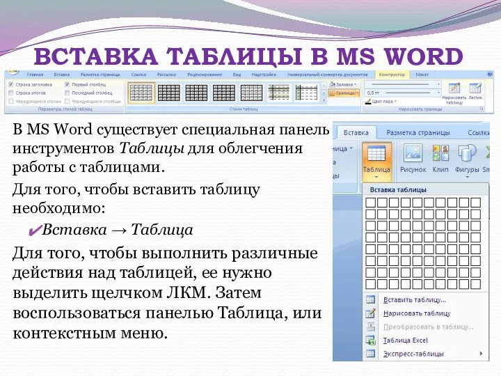 ВСТАВКА ТАБЛИЦЫ В MS WORD В MS Word существует специальная