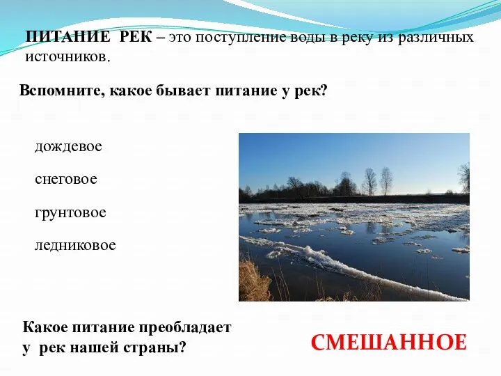 ПИТАНИЕ РЕК – это поступление воды в реку из различных