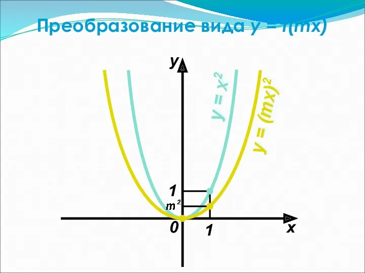 Преобразование вида y = f(mx) 0 x y 1 1 y = x2 y = (mx)2