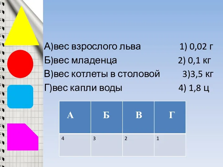 А)вес взрослого льва 1) 0,02 г Б)вес младенца 2) 0,1