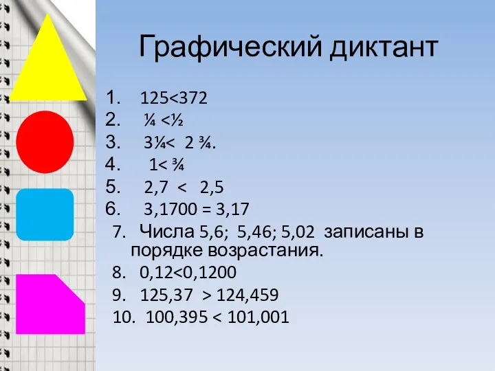 Графический диктант 125 ¼ 3¼ 1 2,7 3,1700 = 3,17