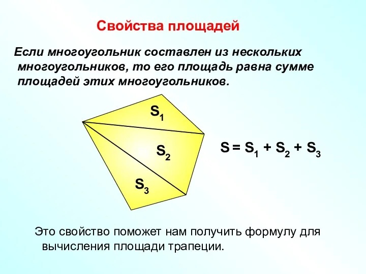 Свойства площадей Если многоугольник составлен из нескольких многоугольников, то его