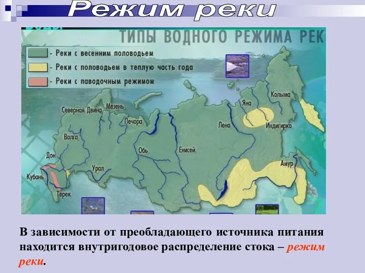 Режим реки В зависимости от преобладающего источника питания находится внутригодовое распределение стока – режим реки.