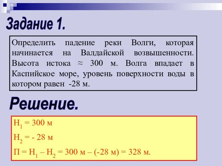 Задание 1. Определить падение реки Волги, которая начинается на Валдайской