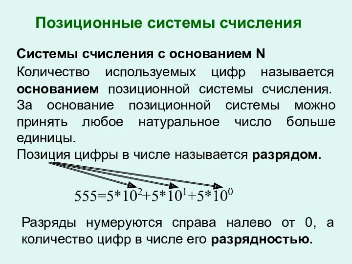 Системы счисления с основанием N Количество используемых цифр называется основанием