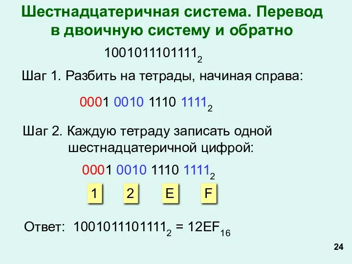 10010111011112 Шаг 1. Разбить на тетрады, начиная справа: 0001 0010