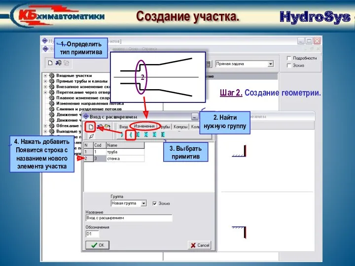 Создание участка. Создание геометрии Создание участка. HydroSys Заголовок Шаг 2.