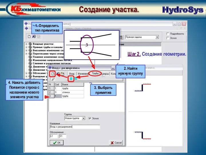 Создание участка. Создание геометрии Создание участка. HydroSys Заголовок Заголовок Шаг