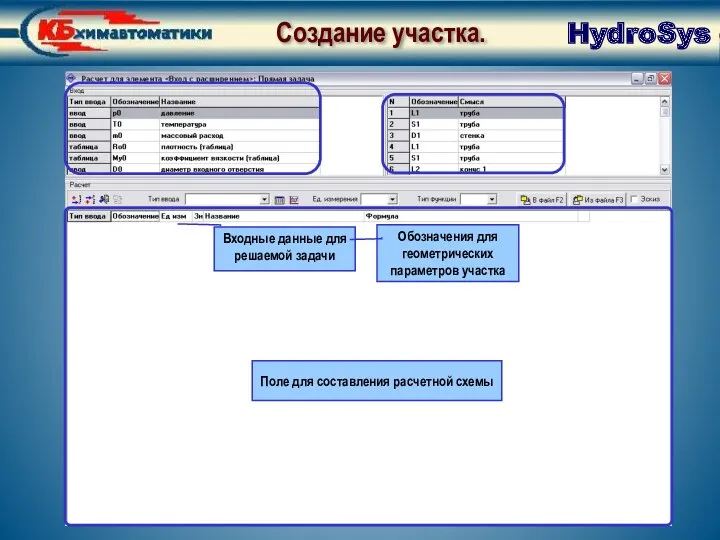 Создание участка. Окно создания расчетной схемы HydroSys Создание участка.