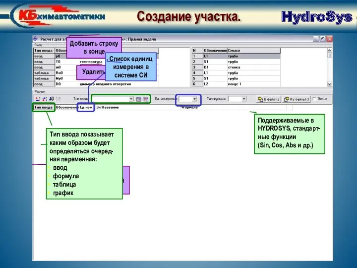 Создание участка. Окно создания расчетной схемы HydroSys Создание участка. Добавить