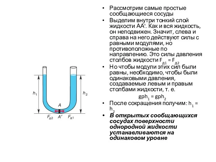 Рассмотрим самые простые сообщающиеся сосуды Выделим внутри тонкий слой жидкости АА'. Как и