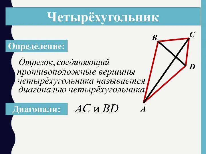 Четырёхугольник А В С D Определение: Диагонали: