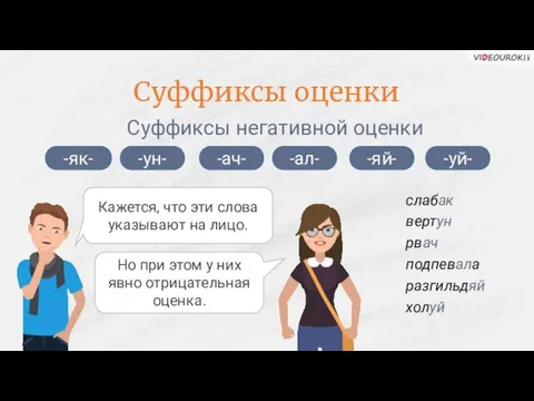 Суффиксы негативной оценки -як- -ун- слабак вертун рвач подпевала разгильдяй холуй Кажется, что