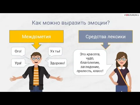 Как можно выразить эмоции? Ура! Ого! Ух ты! Здорово! Междометия