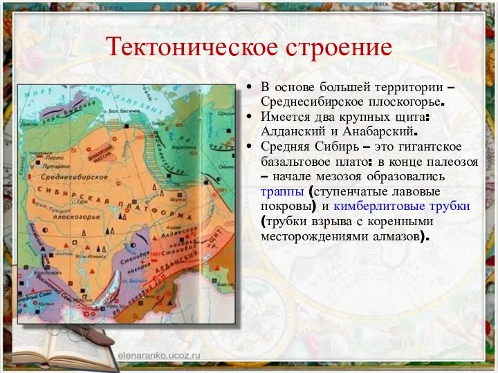 Тектоническое строение В основе большей территории – Среднесибирское плоскогорье. Имеется