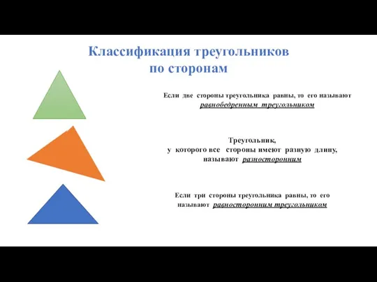 Классификация треугольников по сторонам Если две стороны треугольника равны, то его называют равнобедренным