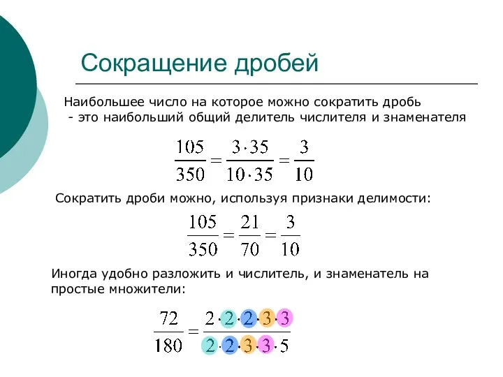 Сокращение дробей Наибольшее число на которое можно сократить дробь -