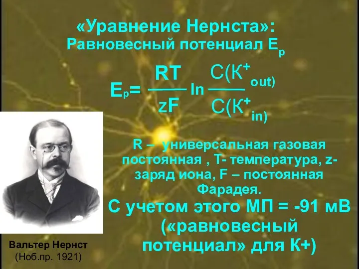 Вальтер Нернст (Ноб.пр. 1921) «Уравнение Нернста»: Равновесный потенциал Ер R