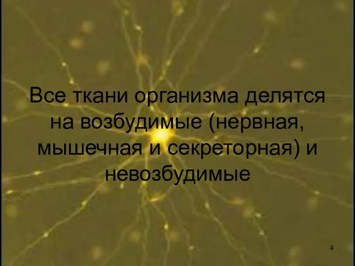 Все ткани организма делятся на возбудимые (нервная, мышечная и секреторная) и невозбудимые