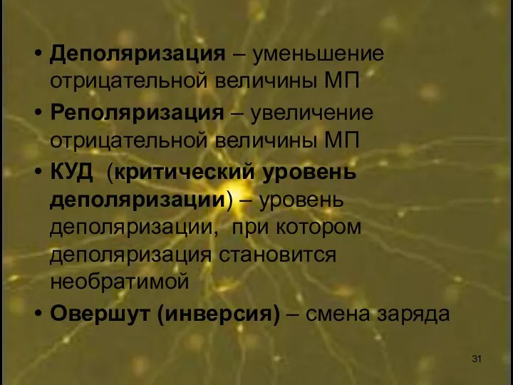 Деполяризация – уменьшение отрицательной величины МП Реполяризация – увеличение отрицательной