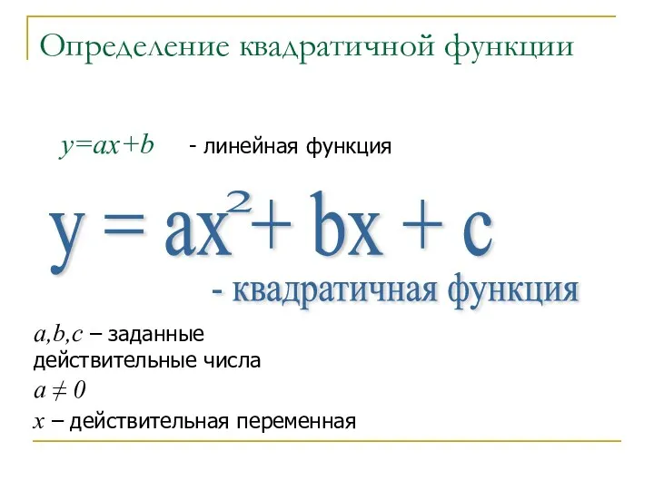 Определение квадратичной функции - квадратичная функция а,b,c – заданные действительные числа а ≠