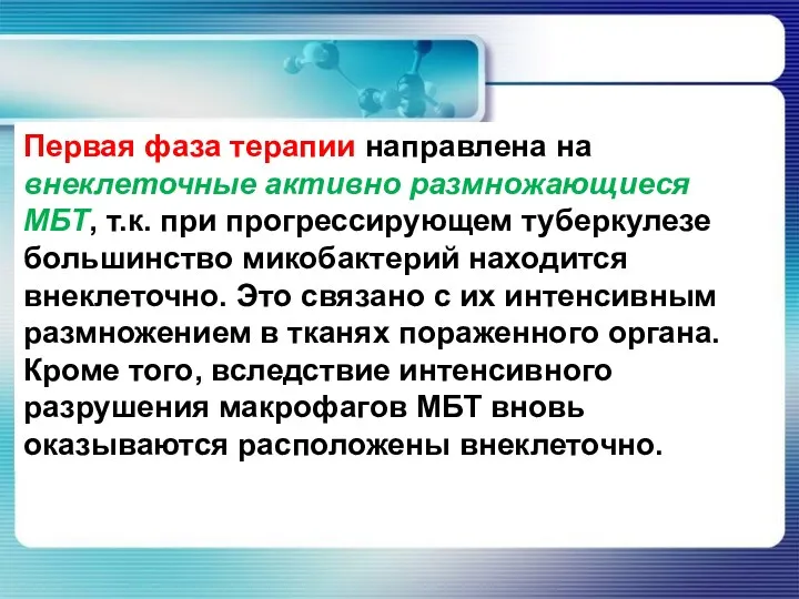 Первая фаза терапии направлена на внеклеточные активно размножающиеся МБТ, т.к.