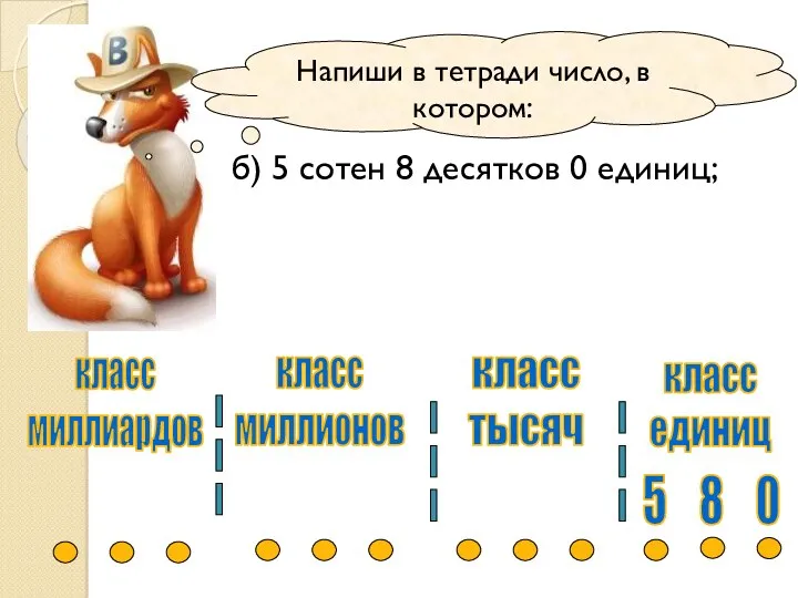 Напиши в тетради число, в котором: б) 5 сотен 8