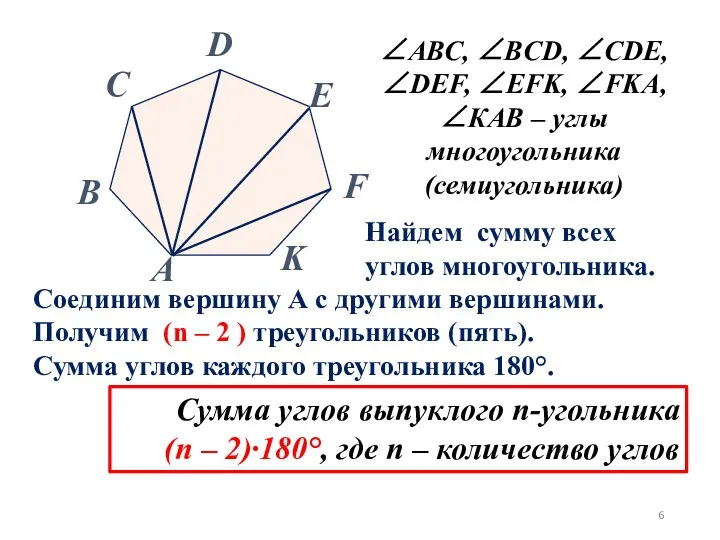 ∠AВС, ∠BCD, ∠CDE, ∠DEF, ∠EFK, ∠FKA, ∠КАВ – углы многоугольника