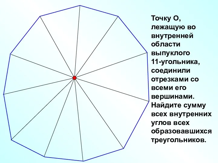 Точку О, лежащую во внутренней области выпуклого 11-угольника, соединили отрезками