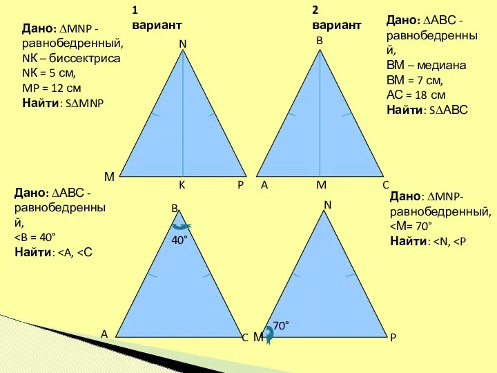 40° 70° A B C Дано: ∆MNP - равнобедренный, NК