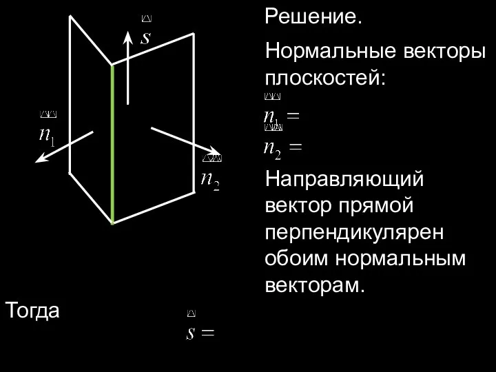 Решение. Нормальные векторы плоскостей: Направляющий вектор прямой перпендикулярен обоим нормальным векторам. Тогда