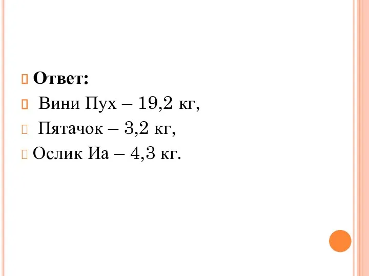 Ответ: Вини Пух – 19,2 кг, Пятачок – 3,2 кг, Ослик Иа – 4,3 кг.