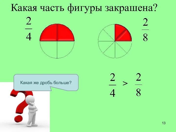 > Какая часть фигуры закрашена? Какая же дробь больше?