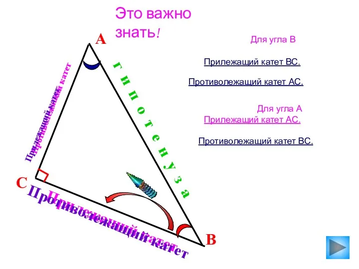 Прилежащий катет Противолежащий катет Это важно знать! А В г