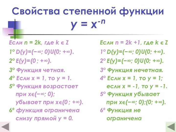 Свойства степенной функции y = x-n Если n = 2k, где k 
