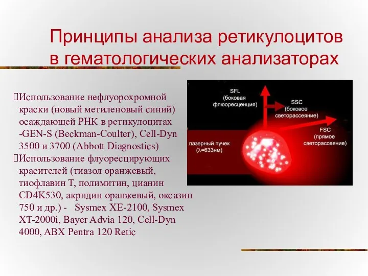 Принципы анализа ретикулоцитов в гематологических анализаторах Использование нефлуорохромной краски (новый