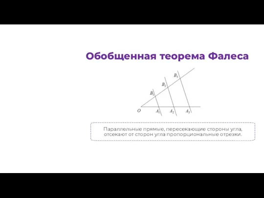 Обобщенная теорема Фалеса Параллельные прямые, пересекающие стороны угла, отсекают от сторон угла пропорциональные отрезки.