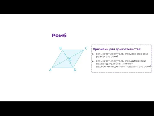 Ромб Признаки для доказательства: если в четырёхугольнике, все стороны равны,