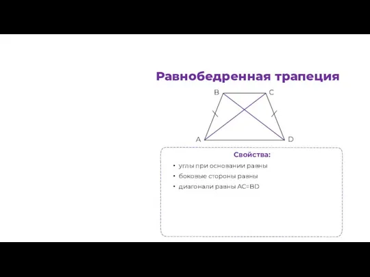 Равнобедренная трапеция B C D А Свойства: углы при основании