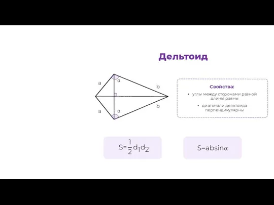 Свойства: углы между сторонами разной длины равны диагонали дельтоида перпендикулярны