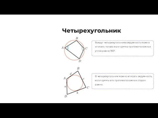 Вокруг четырехугольника окружность можно описать только если сумма противоположных углов