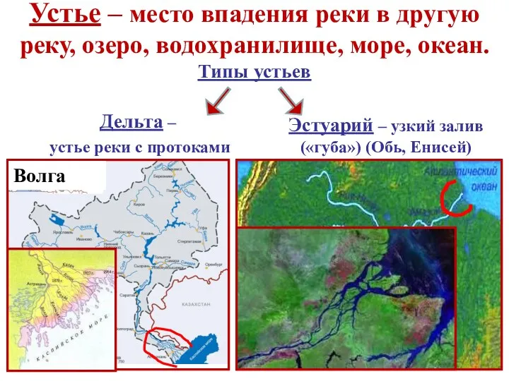 Устье – место впадения реки в другую реку, озеро, водохранилище, море, океан. Типы