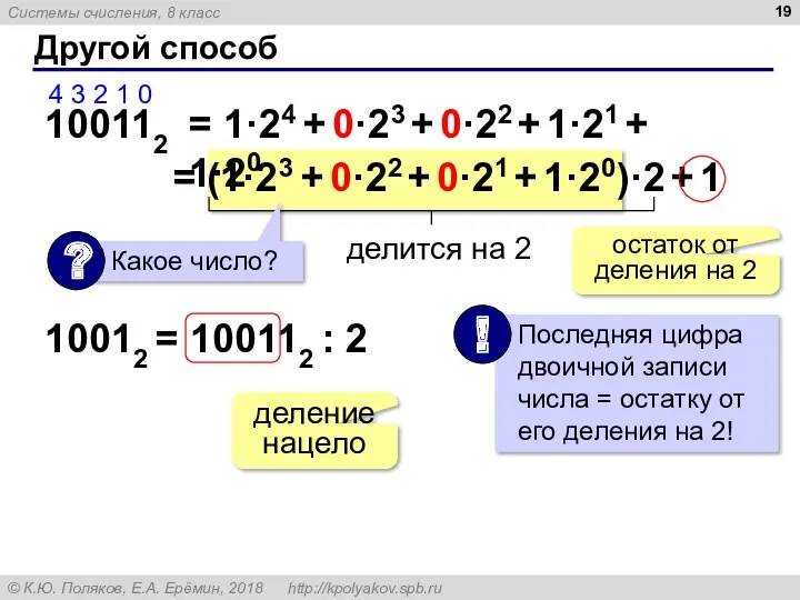 Другой способ 100112 = 1·24 + 0·23 + 0·22 +